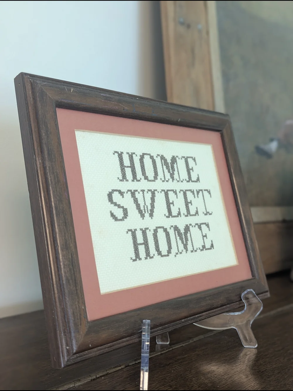1982 Hand Embroidered Home Sweet Home Framed Cross Stitch Wall Art